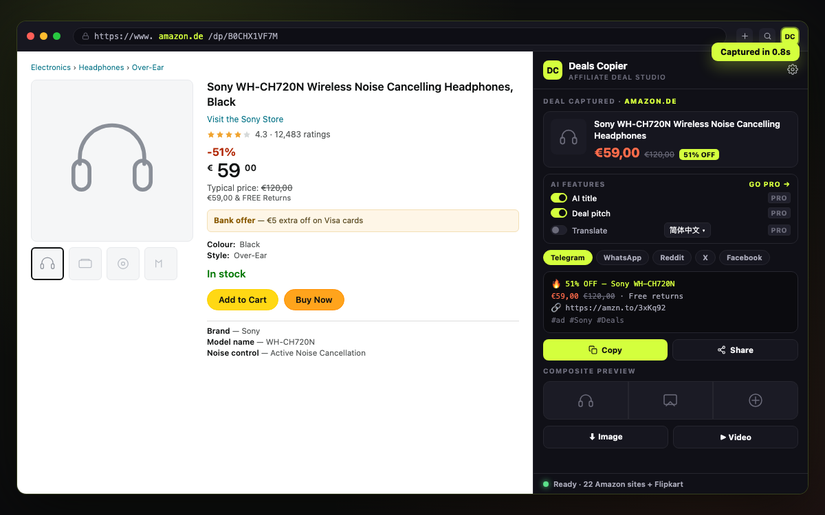 Deals Copier popup capturing a headphone deal on amazon.de: price, discount, bank offer, AI options, platform tabs and post preview